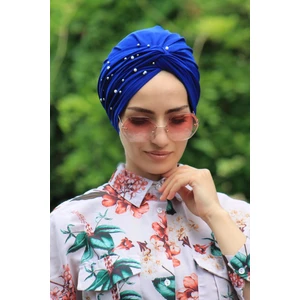 Amisos Bone Şal Incili Dolama Bone Saks Mavisi ( Hazır Değildir Kendiniz Dolama Yapıyosunuz) - Özel Tasarım- Yeni Model Tesettür Giyim