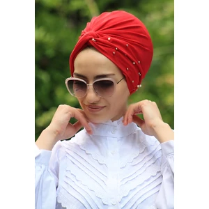 Amisos Bone Şal Incili Dolama Bone Kırmızı ( Hazır Değildir Kendiniz Dolama Yapıyosunuz) - Özel Tasarım- Yeni Model Tesettür Giyim