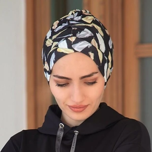 Amisos Bone Şal Kuş Tüyü Desenli Çapraz Bone - Özel Tasarım- Yeni Model Tesettür Giyim