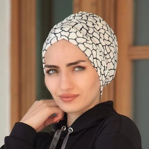Amisos Bone Şal Desenli Çapraz Bone Krem Siyah - Özel Tasarım- Yeni Model Tesettür Giyim