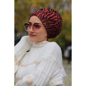 Amisos Bone Şal Kırmızı Leopar Desenli Çapraz Bone - Özel Tasarım- Yeni Model Tesettür Giyim