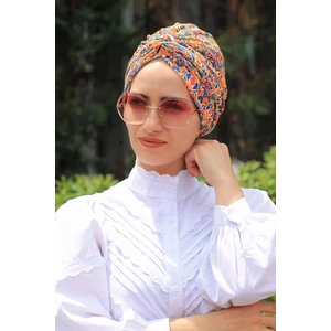 Amisos Bone Şal Desenli Dolama Bone Kareli Etnik Desen  (Hazır Model) - Özel Tasarım- Yeni Model Tesettür Giyim