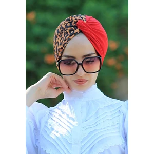 Amisos Bone Şal Çift Renkli Hazır Dolama Bone Kırmızı Leopar - Özel Tasarım- Yeni Model Tesettür Giyim