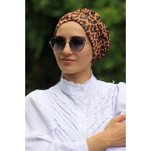 Amisos Bone Şal Desenli Çapraz Bone Leopar - Özel Tasarım- Yeni Model Tesettür Giyim