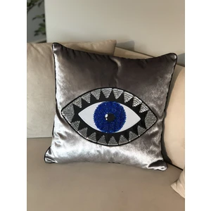 Ge Living Gri Kadife Mavi Göz Işlemeli Yastık Kılıfı