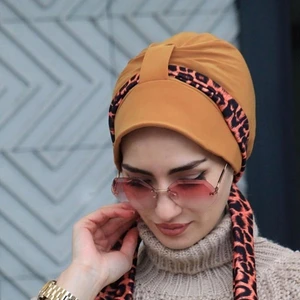 Amisos Bone Şal Atkılı Şapka Bone Hardal - Yeni Model Tesettür Giyim