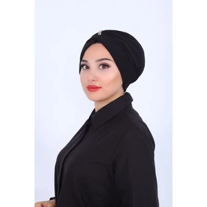 Amisos Bone Şal Tas Detaylı Çapraz Bone Siyah - Yeni Model Tesettür Giyim