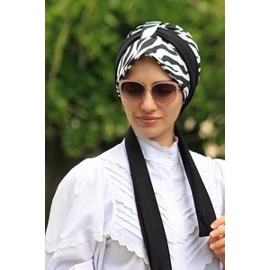 Amisos Bone Şal Desenli Atkılı Bone Zebra Desen - Yeni Model Tesettür Giyim