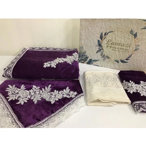 Lamazi Home Lamazihome 4 Parça Mürdüm Kadife Seccade Takımı Seccade Seti