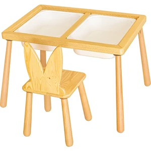 Wood & Joy Doğal Ahşap Duyusal Çocuk Aktivite Masası Oyun Masası ve Çocuk Çalışma Masası 2 Sandalye Seti
