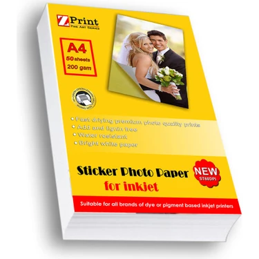 Zprint Yapışkanlı Sticker Parlak Fotoğraf Kağıdı A4 50 Yaprak 200 Grepson Canon
