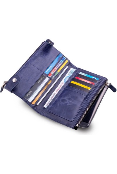 Anı Yüzük Double Bag Crazy Deri Cep Telefonu Bölmeli Fermuarlı Unisex El Cüzdanı Mavi