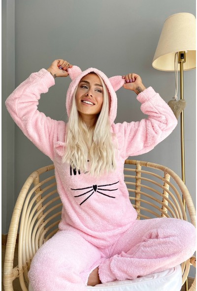 Pijama Evi Meow Desenli Tam Peluş Pijama Takımı