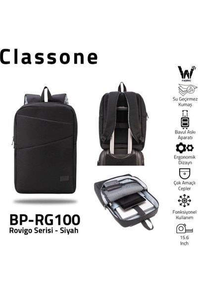 Classone BP-RG100 Rovigo Serisi WTXpro Su Geçirmez Kumaş 15.6" Notebook-Laptop Sırt Çantası-Siyah