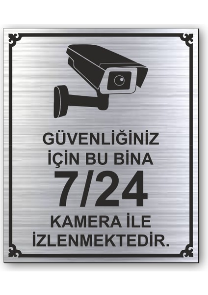 Kamera ile Izlenmektedir Kapı Yönlendirme Levhası 10 cm x 12 cm Gümüş Renkli Rezopal Levha
