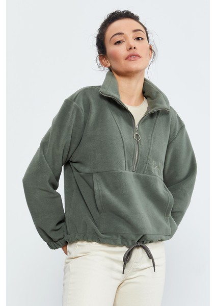 Çağla Yarım Fermuar Etek Ucu Büzgülü Kadın Polar Oversize Sweatshirt - 97171 modelleri