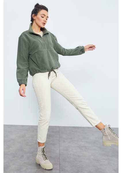 Çağla Yarım Fermuar Etek Ucu Büzgülü Kadın Polar Oversize Sweatshirt - 97171 fırsatları