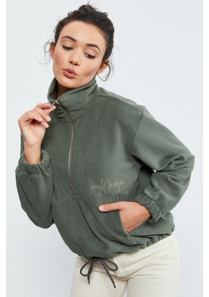 Çağla Yarım Fermuar Etek Ucu Büzgülü Kadın Polar Oversize Sweatshirt - 97171 indirimleri