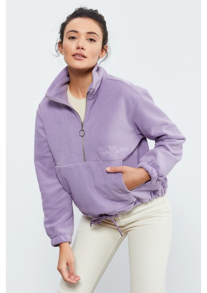 Eflatun Yarım Fermuar Etek Ucu Büzgülü Kadın Polar Oversize Sweatshirt - 97171