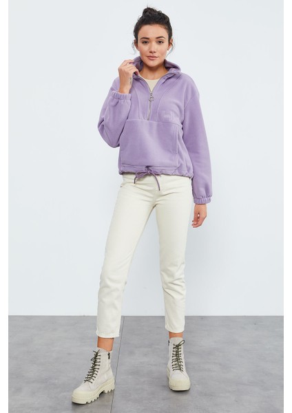Eflatun Yarım Fermuar Etek Ucu Büzgülü Kadın Polar Oversize Sweatshirt - 97171 fiyatları