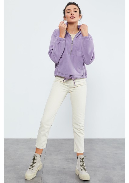 Eflatun Yarım Fermuar Etek Ucu Büzgülü Kadın Polar Oversize Sweatshirt - 97171 fırsatları