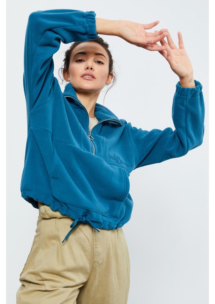 Zümrüt Yarım Fermuar Etek Ucu Büzgülü Kadın Polar Oversize Sweatshirt - 97171