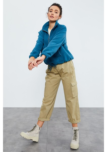 Zümrüt Yarım Fermuar Etek Ucu Büzgülü Kadın Polar Oversize Sweatshirt - 97171