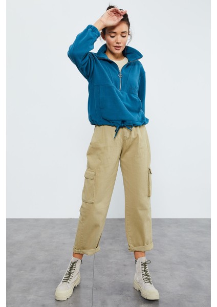 Zümrüt Yarım Fermuar Etek Ucu Büzgülü Kadın Polar Oversize Sweatshirt - 97171