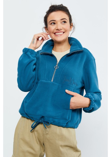 Zümrüt Yarım Fermuar Etek Ucu Büzgülü Kadın Polar Oversize Sweatshirt - 97171
