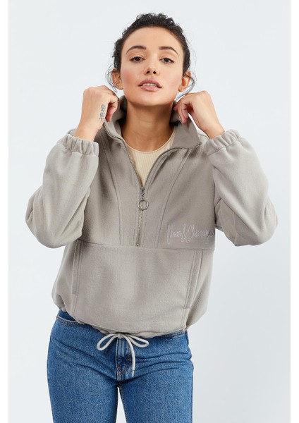 Koyu Bej Yarım Fermuar Etek Ucu Büzgülü Kadın Polar Oversize Sweatshirt - 97171