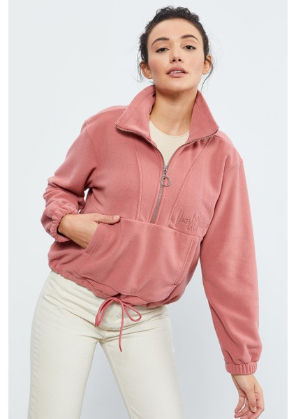 Yaban Gülü Yarım Fermuar Etek Ucu Büzgülü Kadın Polar Oversize Sweatshirt - 97171