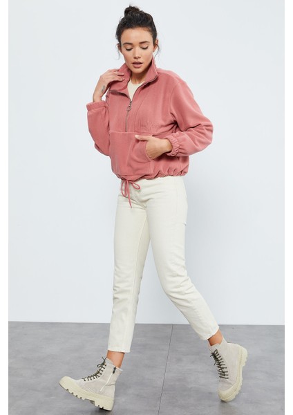 Yaban Gülü Yarım Fermuar Etek Ucu Büzgülü Kadın Polar Oversize Sweatshirt - 97171 fiyatları