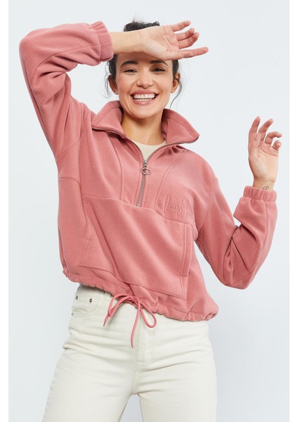 Yaban Gülü Yarım Fermuar Etek Ucu Büzgülü Kadın Polar Oversize Sweatshirt - 97171 modelleri