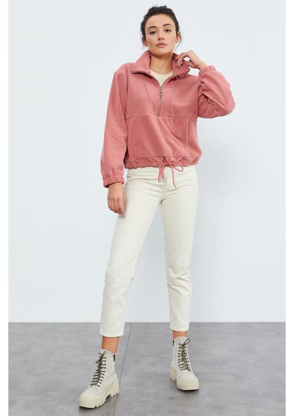 Yaban Gülü Yarım Fermuar Etek Ucu Büzgülü Kadın Polar Oversize Sweatshirt - 97171 fırsatları