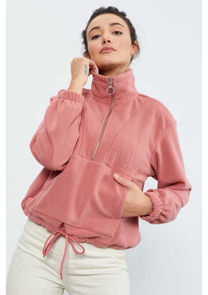 Yaban Gülü Yarım Fermuar Etek Ucu Büzgülü Kadın Polar Oversize Sweatshirt - 97171 indirimleri