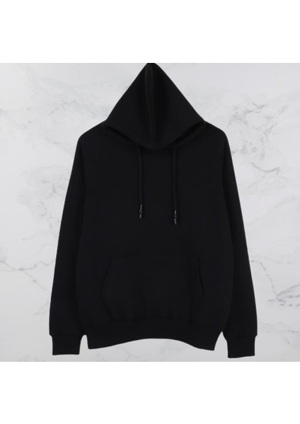 Oversize Kapüşonlu Solmayan Siyah 4 Iplik Kalın Tam Kışlık Erkek Sweatshirt