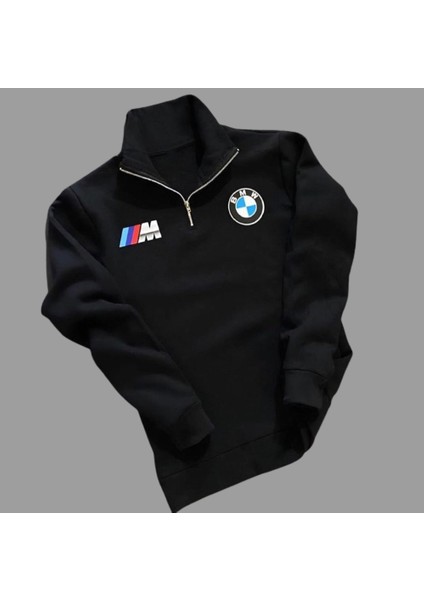Bmw Baskılı Yarım Fermuarlı Dik Yaka 3 Iplik Pamuk Dar Kesim Erkek Sweatshirt