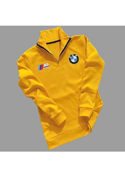 Amor Man Yarım Fermuarlı Dik Yaka Bmw Baskılı 3 Iplik Pamuk Dar Kesim Erkek Sweatshirt