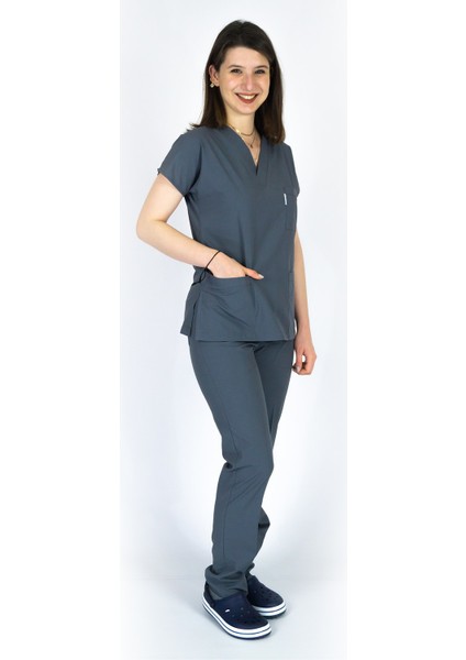 Likralı Forma Hemşire Doktor Üniforma Füme Flexcool