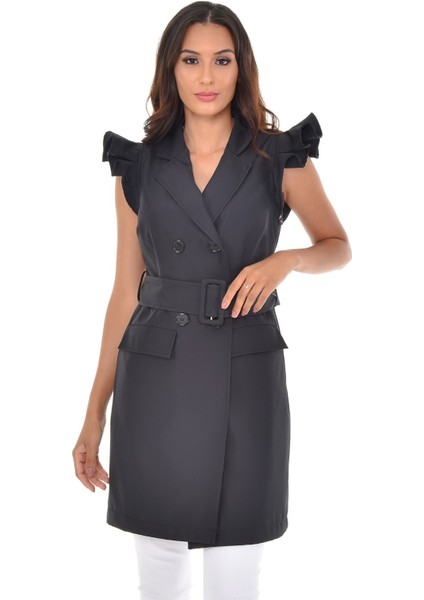 Mono Yaka Kruvaze Kapamalı Kolu Fırfırlı Kapaklı Fileto Cepli Kuşaklı Astarlı Siyah Yelek