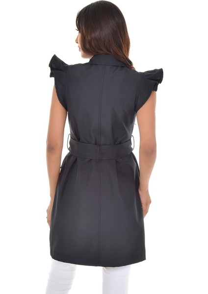 Mono Yaka Kruvaze Kapamalı Kolu Fırfırlı Kapaklı Fileto Cepli Kuşaklı Astarlı Siyah Yelek modelleri