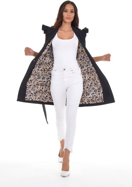 Mono Yaka Kruvaze Kapamalı Kolu Fırfırlı Kapaklı Fileto Cepli Kuşaklı Astarlı Siyah Yelek fırsatları