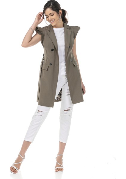 Mono Yaka Kruvaze Kapamalı Kolu Fırfırlı Kapaklı Fileto Cepli Kuşaklı Astarlı Haki Yelek fiyatları