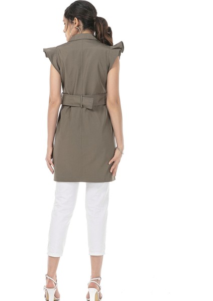 Mono Yaka Kruvaze Kapamalı Kolu Fırfırlı Kapaklı Fileto Cepli Kuşaklı Astarlı Haki Yelek modelleri