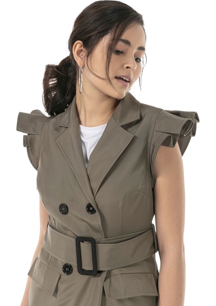 Mono Yaka Kruvaze Kapamalı Kolu Fırfırlı Kapaklı Fileto Cepli Kuşaklı Astarlı Haki Yelek fırsatları