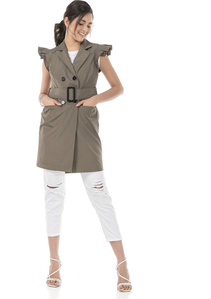 Mono Yaka Kruvaze Kapamalı Kolu Fırfırlı Kapaklı Fileto Cepli Kuşaklı Astarlı Haki Yelek indirimleri