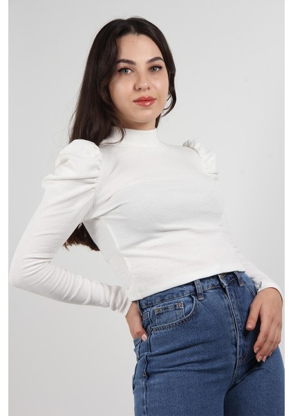 302BK080003 - 20413 Yarım Balıkçı Balon Büzgülü Karpuz Uzun Kol 2*2 Lyc Kaşkorse T-Shirt