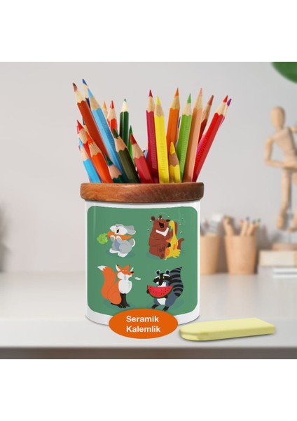 Meyve Yiyen Sevimli Hayvanlar Ahşap Seramik KALEMLIK-214766