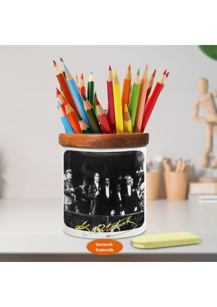 Cumhuriyetin Ilanı Mustafa Kemal Atatürk Ahşap Seramik KALEMLIK-782