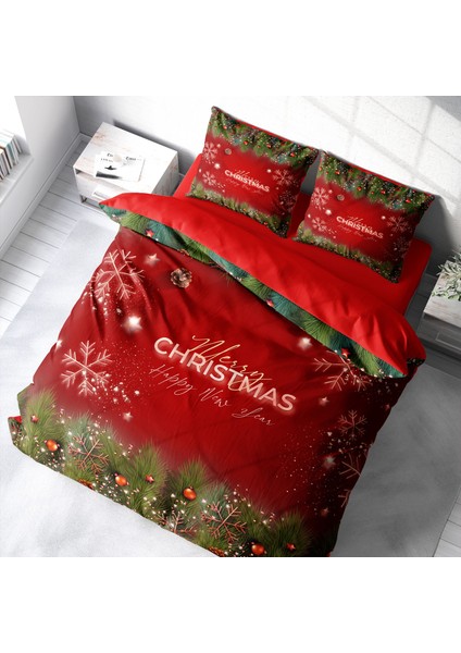 Yılbaşı Süsü Merry Christmas Çift Kişilik 3D Nevresim Takımı Pamuk Saten